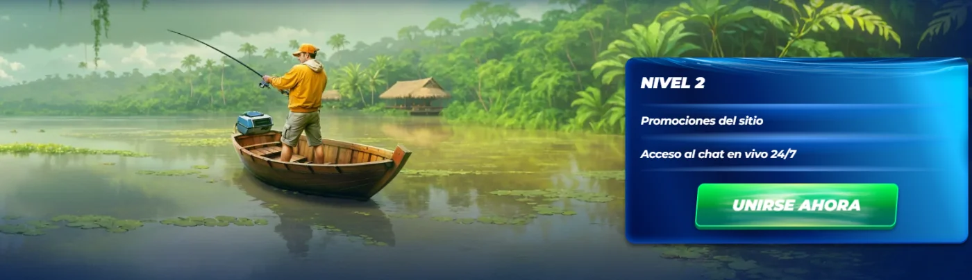 Bassbet Casino con programa VIP Nivel 2 y pescador en un lago